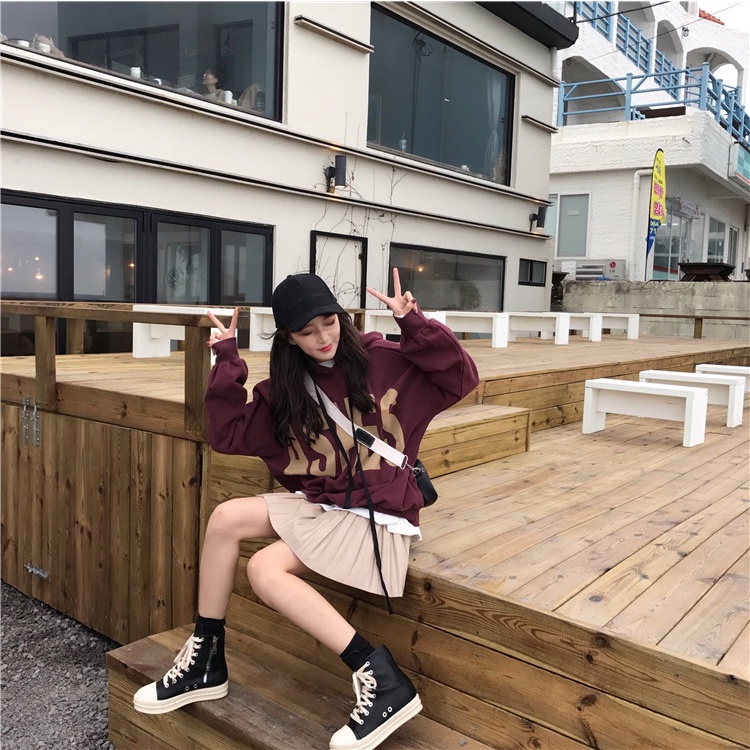 Áo hoodie dáng rộng tay dài in chữ thời trang thu đông phong cách Hàn Quốc mới 2021
