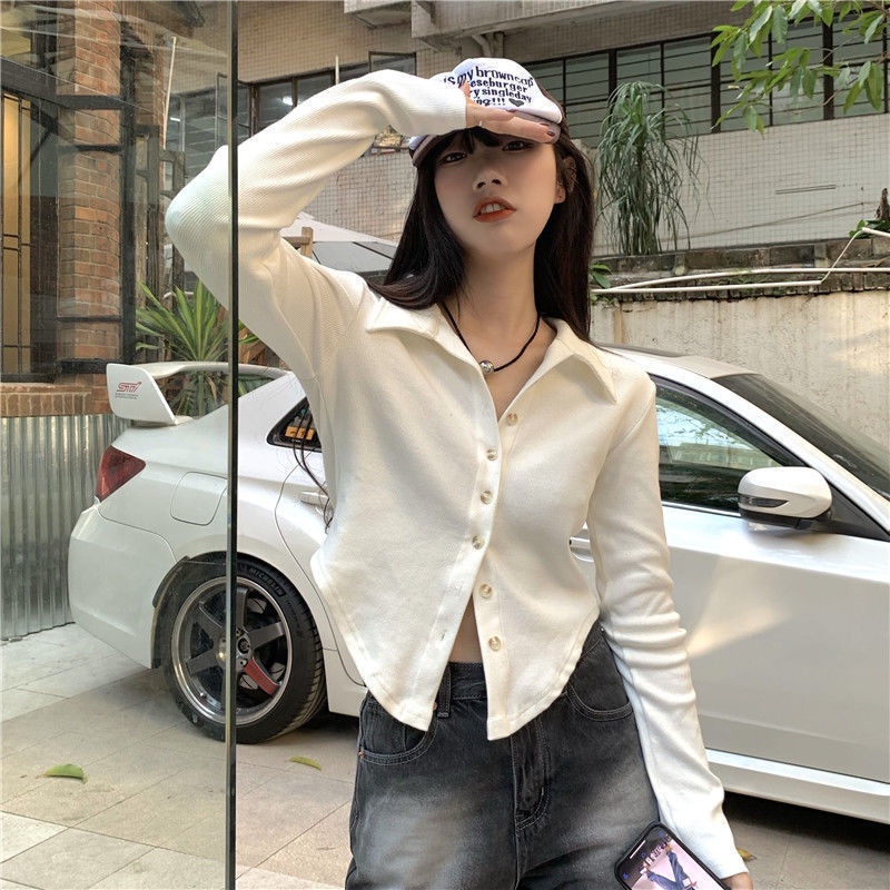 Áo sơ mi COZOK tay dài cổ polo dáng ôm phong cách Hàn Quốc