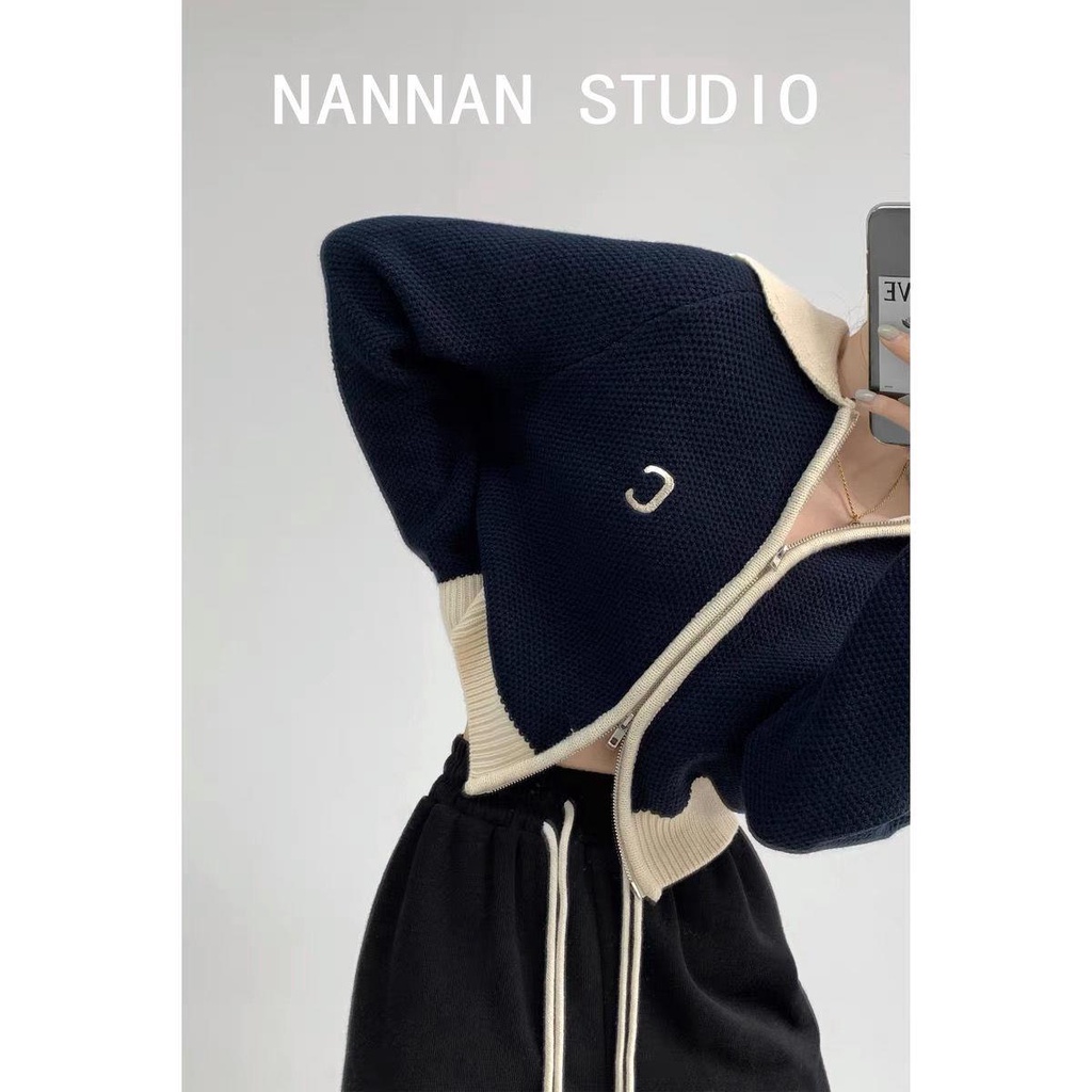 Áo Khoác Cardigan Dệt Kim Màu Sắc Tương Phản Phong Cách Retro Cho Nữ