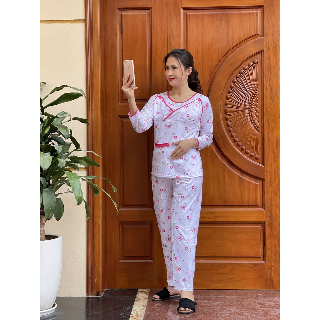Bộ đồ bầu dài tay mở cúc VIỀN NỔI chất cotton siêu xinh mặc bầu và sau sinh BXK926
