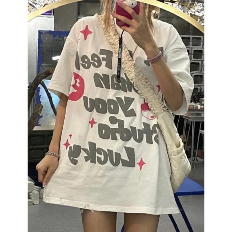 Áo thun unisex oversize form rộng giấu quần tay ngắn in chữ nổi - Order taobao quảng châu