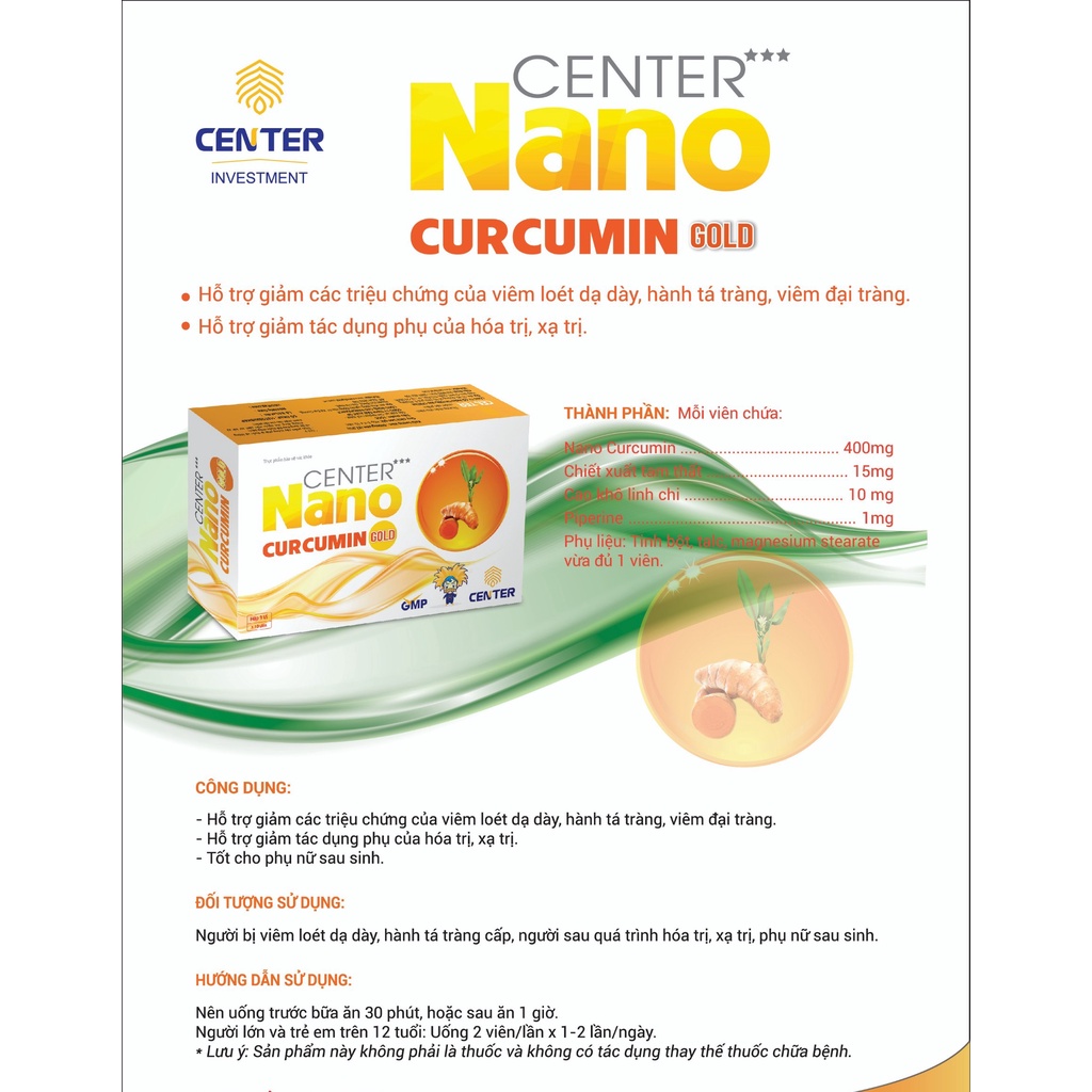 Center Nano Curcumin Gold- giúp giảm triệu chứng bệnh viêm loét dạ dày