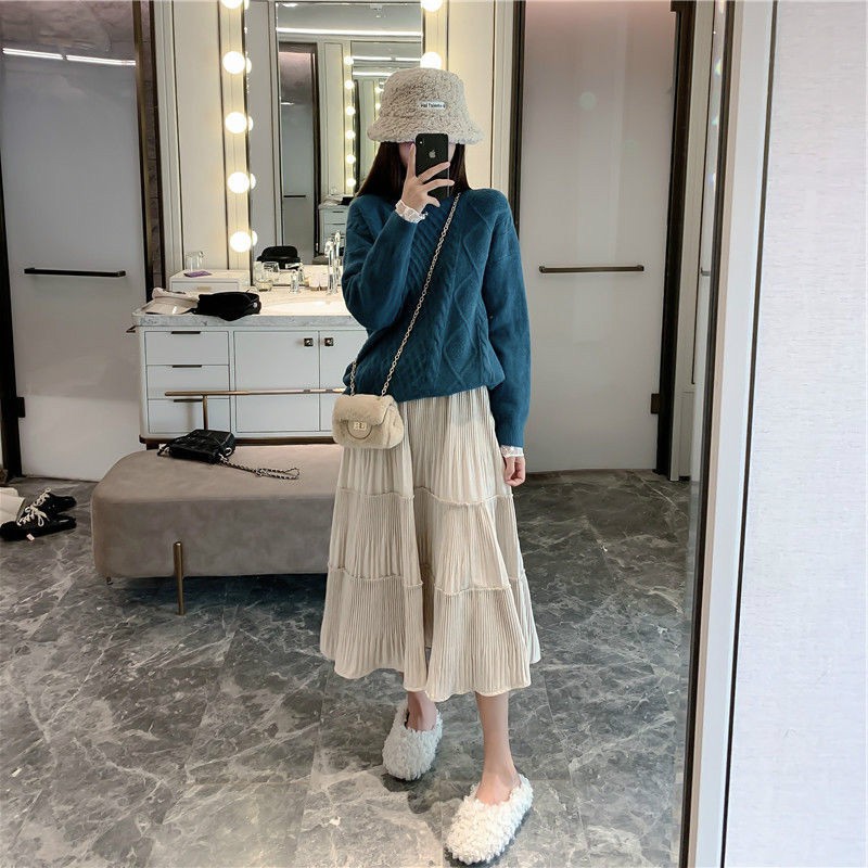 Chân váy dài xếp ly lưng cao phong cách Hàn Quốc thời trang cho bà bầu | BigBuy360 - bigbuy360.vn