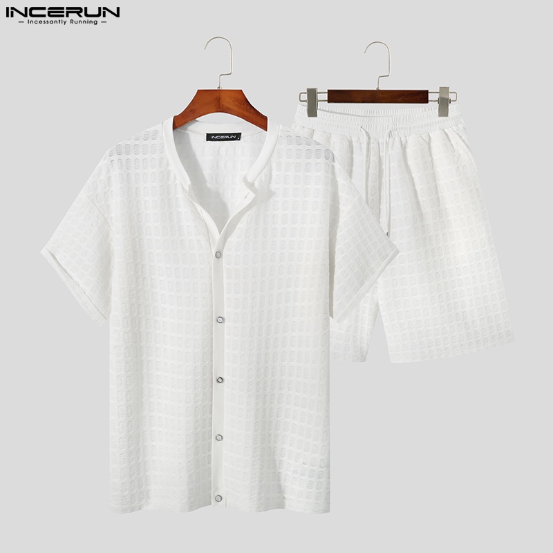 Set trang phục INCERUN áo sơ mi tay ngắn cổ tròn và quần short baggy size S-5XL mặc thoải mái thời trang dành cho nam