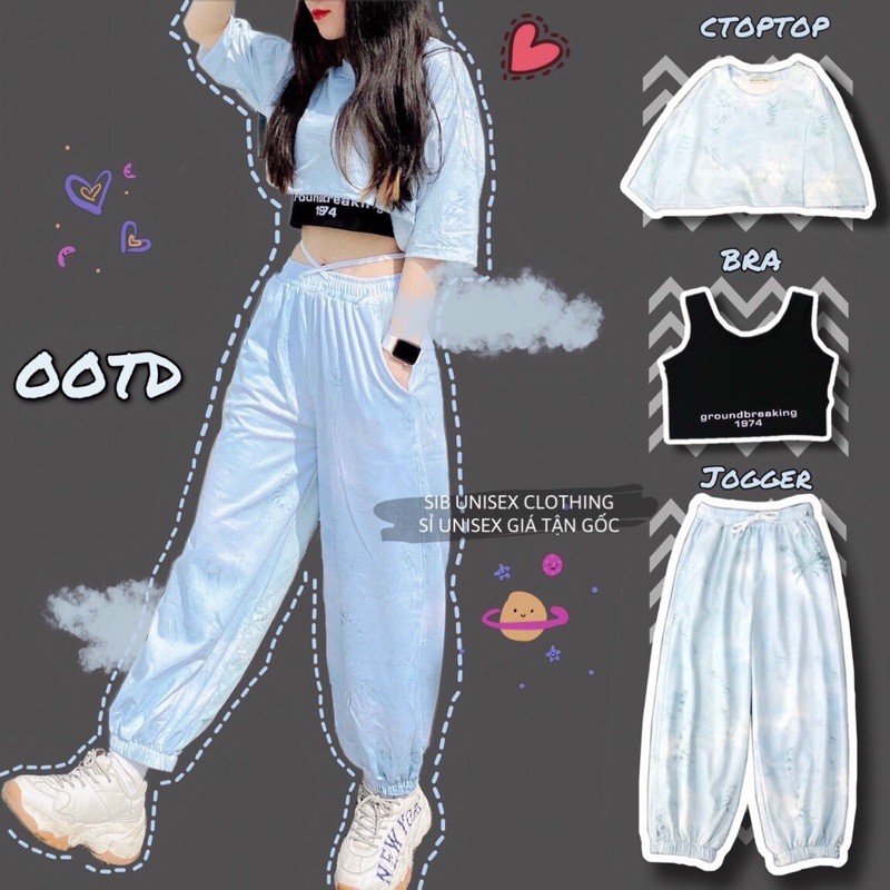 [Mã WASKT304 giảm 15% tối đa 30K đơn 99K] [ẢNH THẬT] Set croptop loang tay lửng và quần jogger loang