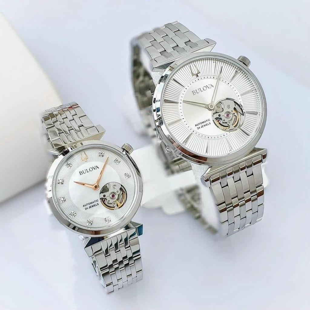 Đồng hồ đôi nam nữ dây thép Bulova Automatic Open Heart 96A235 và 96P222