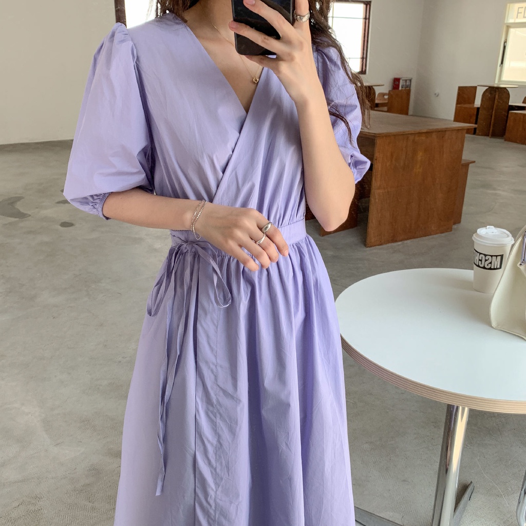 váy SENWA màu very peri xanh dừa cạn 2022 cổ xếp tay phồng váy dài maxi