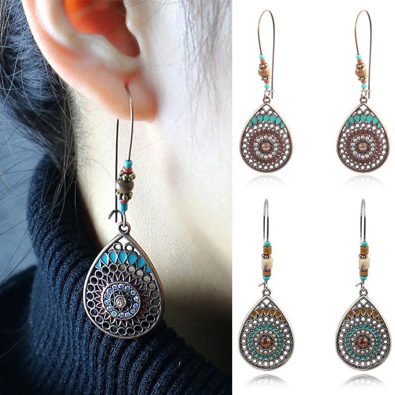 Khuyên Tai Hình Giọt Nước Khắc Họa Tiết Phong Cách Bohemian Cổ Điển