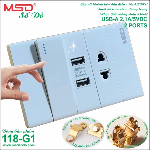 Ổ CẮM SẠC 2 USB + 1 CÔNG TẮC  + 1 Ổ CẮM 2P - DÒNG 118G1