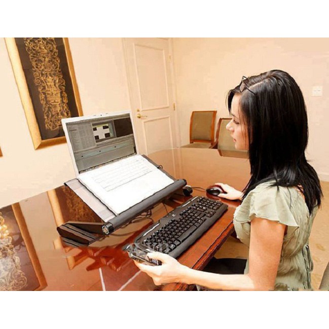 Bàn Laptop Máy Tính Xoay 360 Độ Có 2 Quạt Tản Nhiệt Và Kê Chuột Để Nhiều Tư Thế