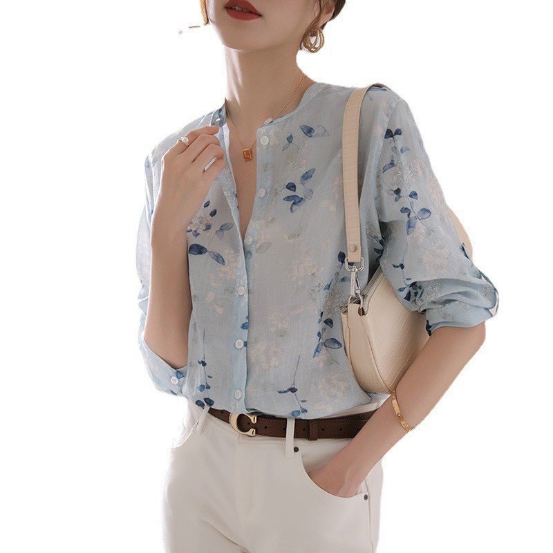 SM45 - SƠ MI HOA XANH CỔ TRỤ CHO NỮ | BigBuy360 - bigbuy360.vn