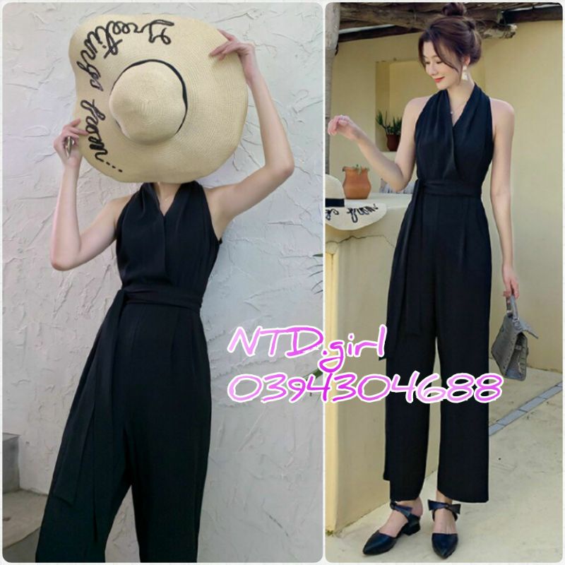 Jumpsuit dài cổ V ống rộng không tay, bộ jum đồ bay lụa kiểu cổ yếm - DTH