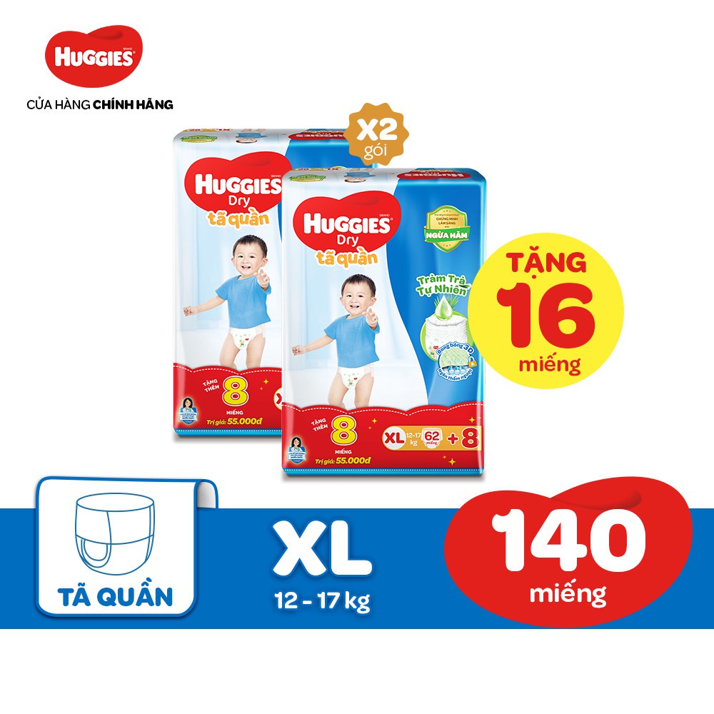 [MKBHUG60 -10%] Combo 2 Tã quần Huggies Tràm Trà Tự Nhiên Dry Pants SJB M74 +10 miếng/L68/XL62/XXL56 + Tặng 8 miếng