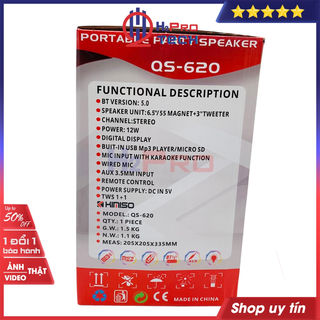 Loa Bluetooth Karaoke Mini, loa hát karaoke KIMISO QS-620 bass 16 cao cấp-Đèn led 7 màu, Tặng kèm 1 Micro có dây - H2pro
