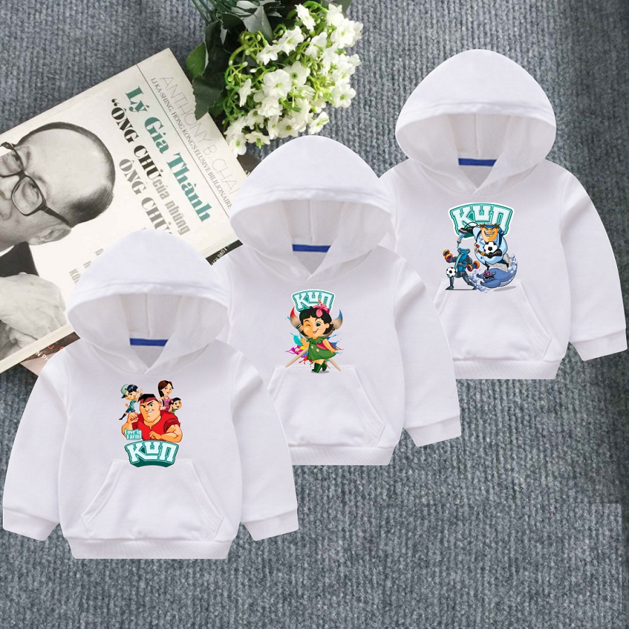 Áo hoodie nỉ bông màu trắng in hình gia đình Kun cực đẹp cho bé trai bé gái