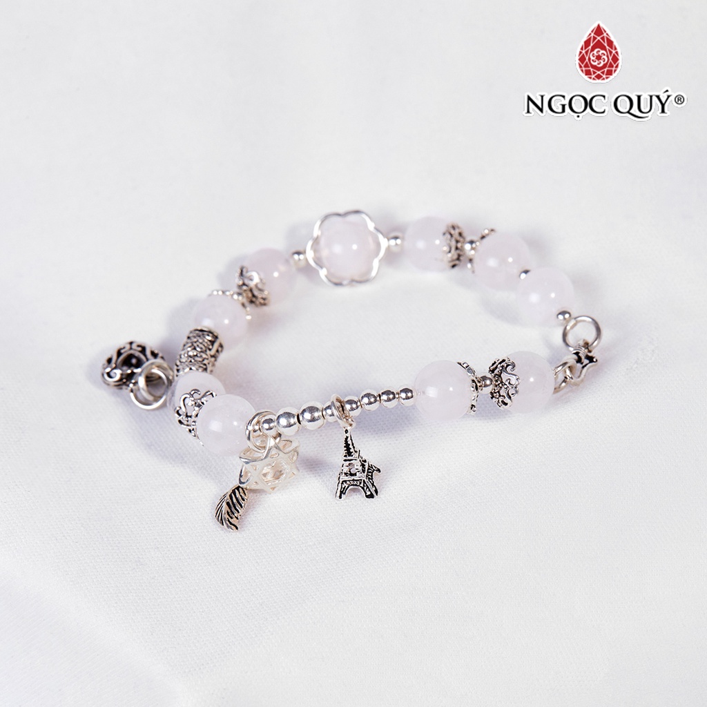 Vòng tay đá TA ưu linh trắng phối charm trái tim bạc - Ngọc Quý