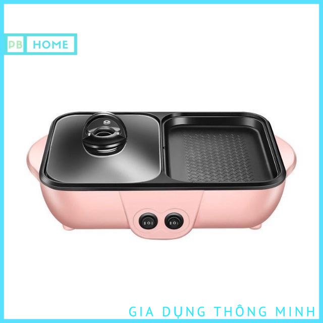 [Siêu HOT] Bếp Lẩu Nướng 2 Ngăn, Bếp Lẩu Nướng 2 In 1, Bếp Chiên, Bếp Nướng Điện Đa Năng (Hộp Hồng)