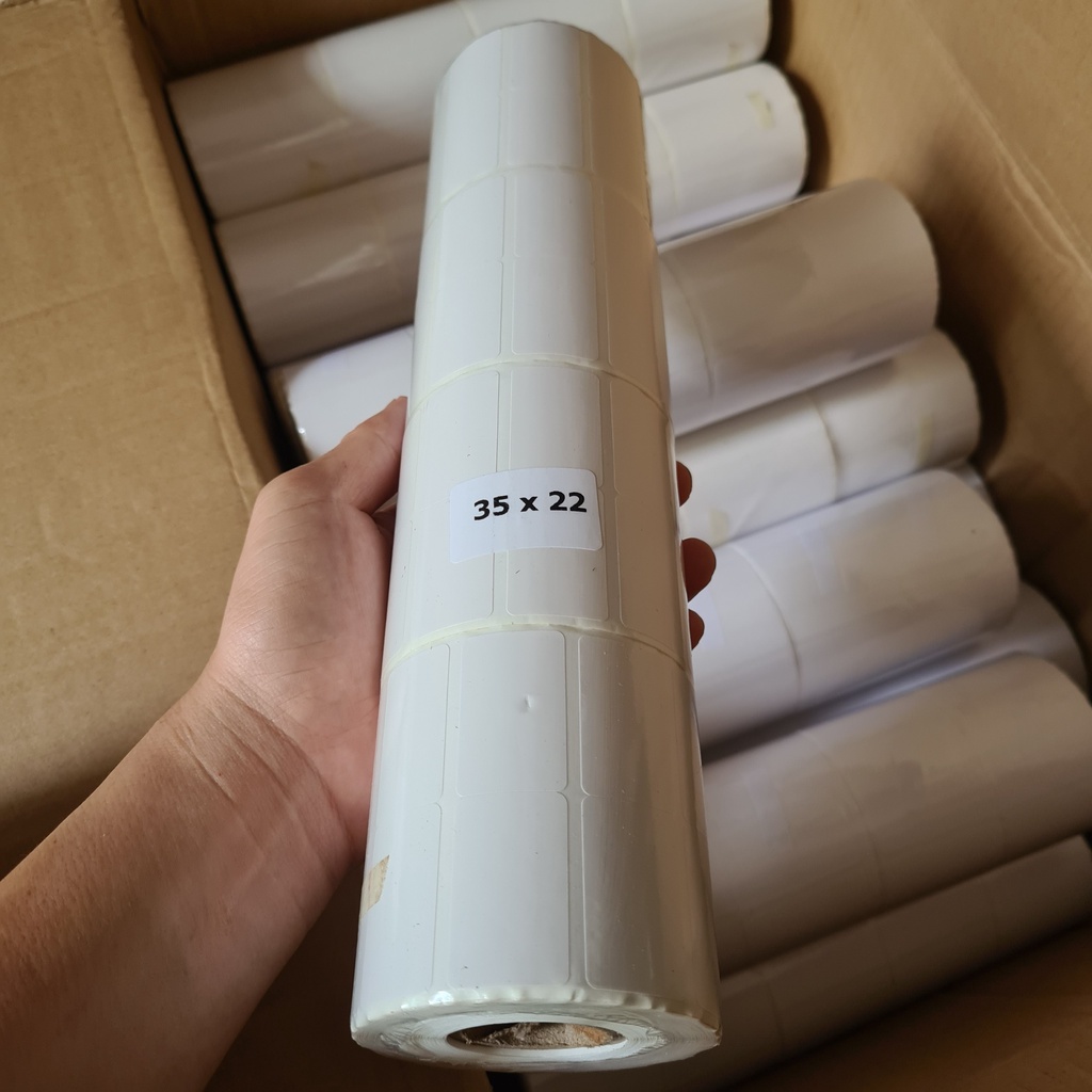 Giấy in mã vạch, decal nhiệt, cuộn in tem, 2 tem một hàng, cuộn 2000 cái 35x22