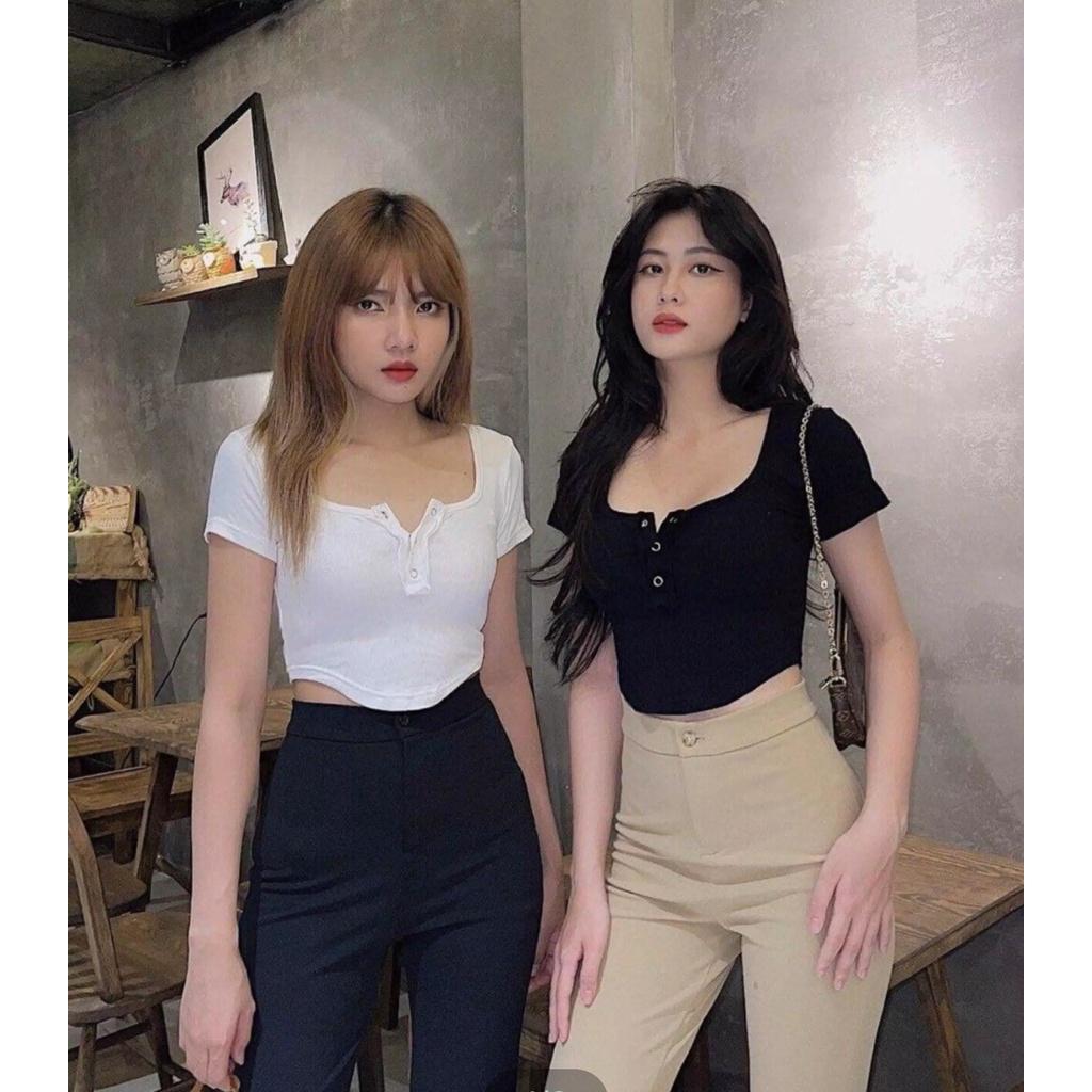 Áo Croptop Trơn Vạt Bầu Cúc Bấm