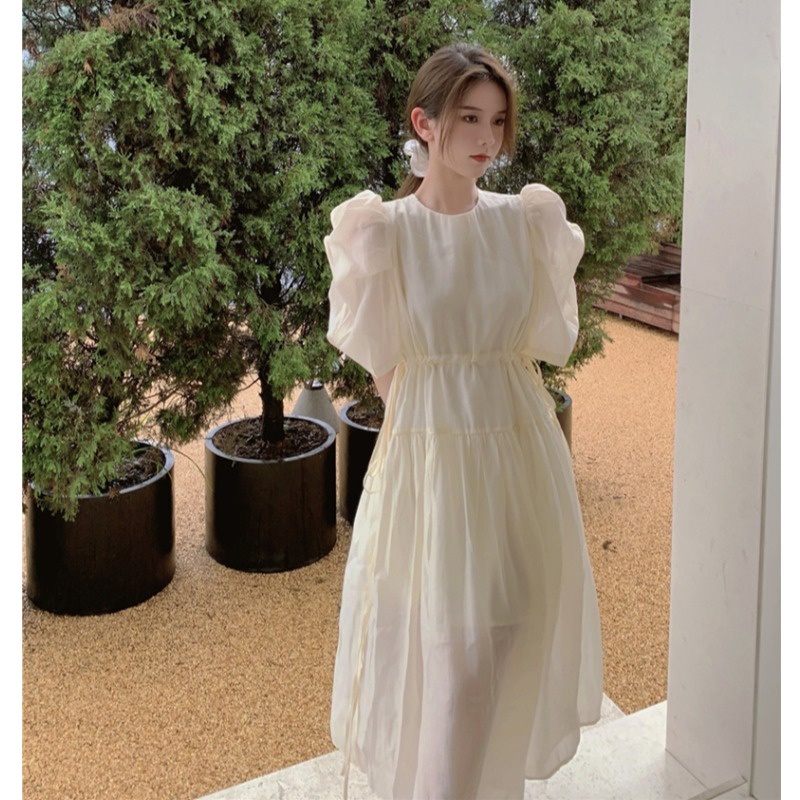 Jane Đầm tiểu thư cổ tròn rút dây eo vintage Paris dress