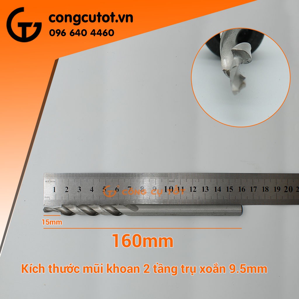 Mũi khoan 2 tầng trụ xoắn trắng chuôi tròn 9.5mm