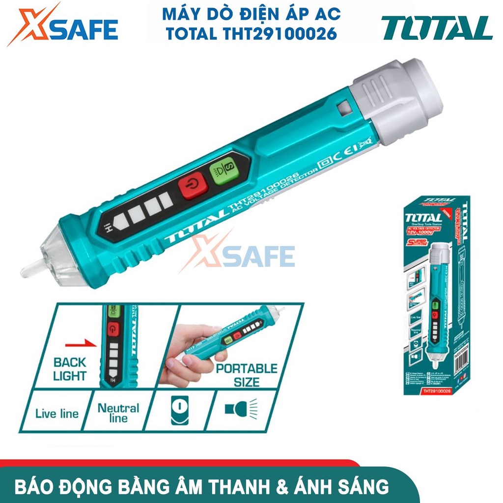 Đầu dò điện áp AC TOTAL THT29100026 12-1000V, độ nhạy cao, báo động bằng âm thanh và ánh sáng, chỉ báo pin yếu