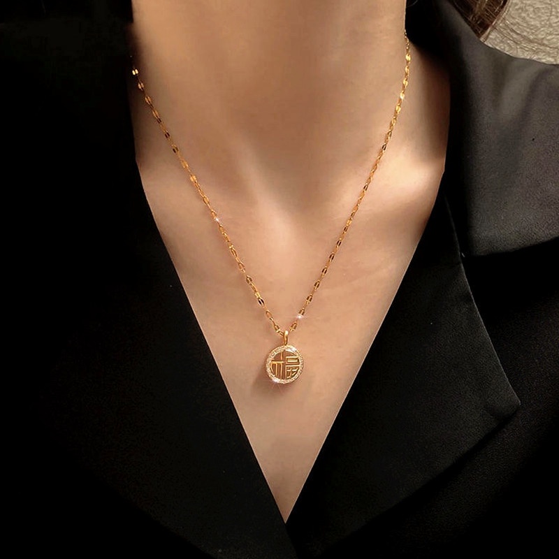 Dây chuyền nữ 100% TITAN NGUYÊN CHẤT vòng cổ nữ KHÔNG GỈ mặt chữ phúc phong cách retro cổ điển mẫu mới 2022