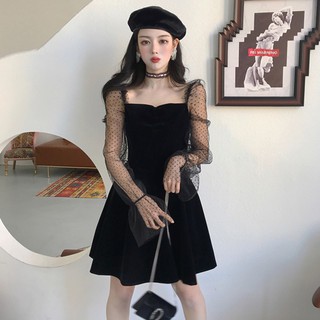 Mùa thu và mùa đông mới khí nhỏ váy đen retro nhung khâu chấm bi sợi tay áo eo cao a-line váy phụ nữ