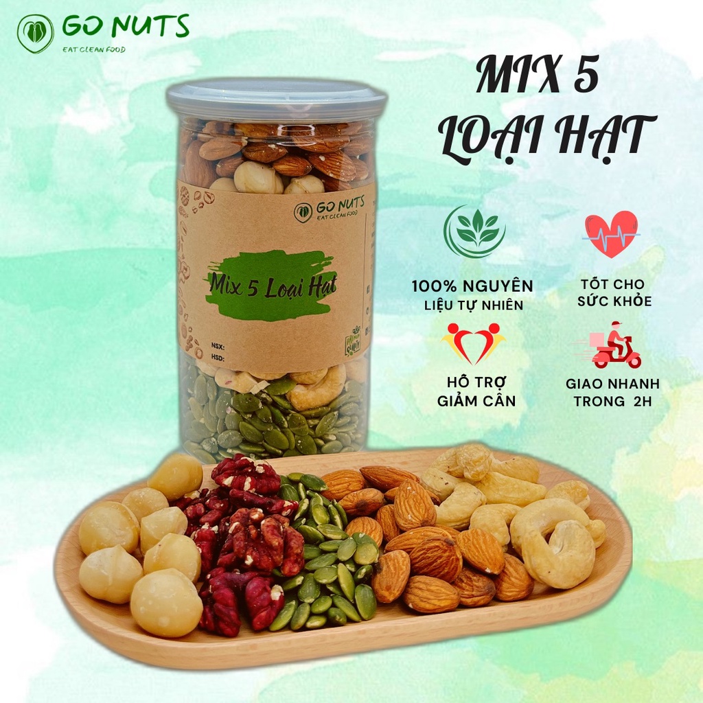 Mix 5 loại hạt dinh dưỡng 500g GO NUTS Hạnh nhân, Macca, Óc chó, Hạt điều, Bí xanh, Ngũ cốc dinh dưỡng hỗ trợ giảm cân