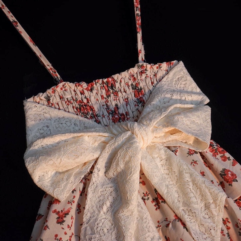 🍑 Váy hai dây hoa hồng có thắt nơ màu trắng kết hợp với bo chun phần ngực cổ điển màu hồng ngọt ngào tươi mới mùa hè 🍑