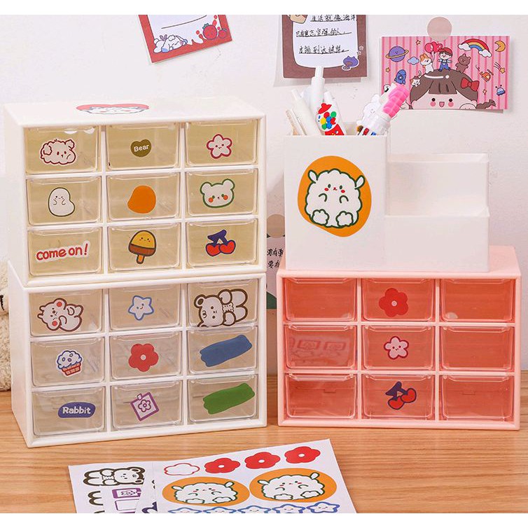 Tủ mini 9 ngăn, hộp 9 ngăn kéo dễ thương chống bụi lưu trữ để bàn đựng trang sức vòng tay mĩ phẩm đồ dùng học tập.