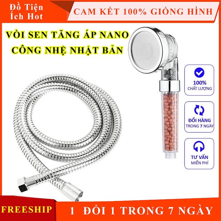 [Hang loại 1] Vòi hoa sen tăng áp có hạt nano lọc nước công nghệ Nhật Bản ( bát sen + dây nối )