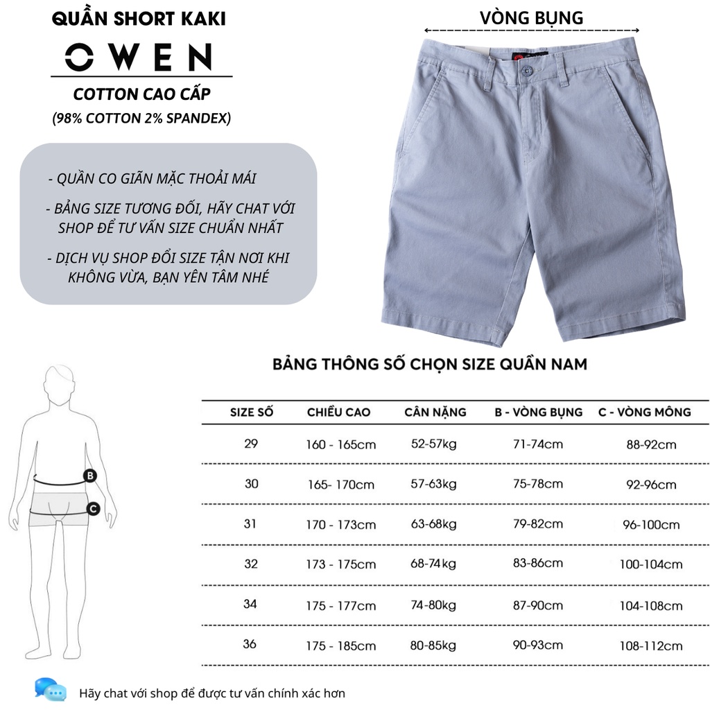 Quần short nam kaki Owen màu ghi, chất liệu vải cotton cao cấp, co giãn, trẻ trung, dáng slimfit năng động