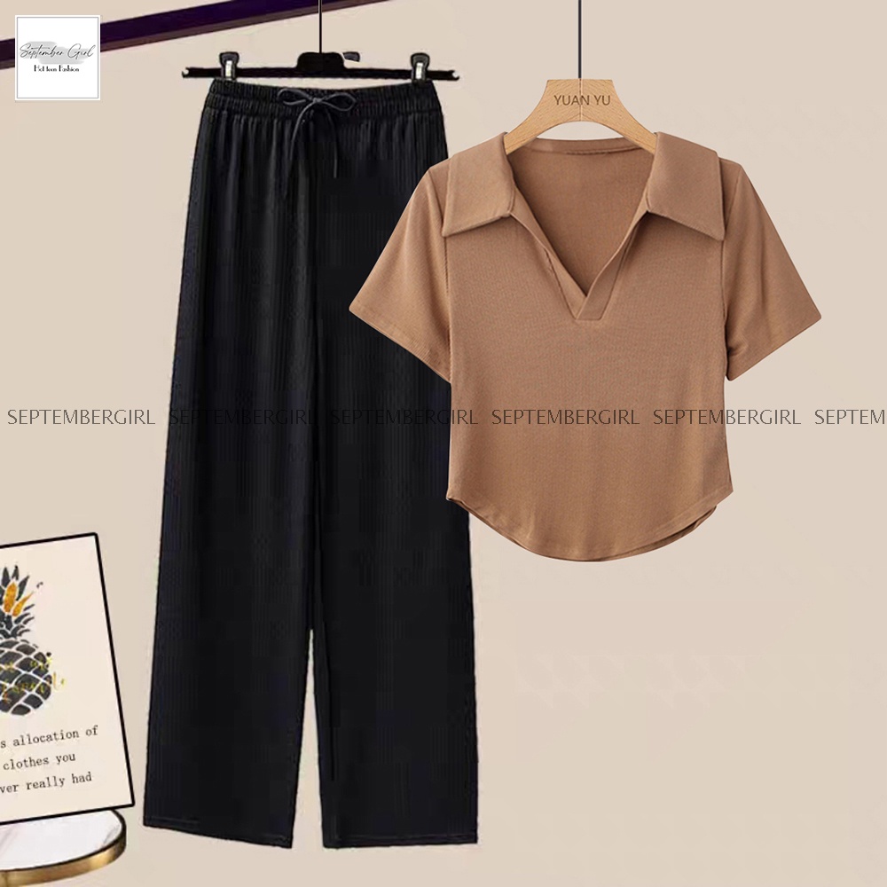 ComBo Áo Polo CropGHEP TOP Kết Hợp Quần Suông Thun Tăm Hách Dáng SEPTEMBERGIRL - GHEP TOP 001 + QUAN 001