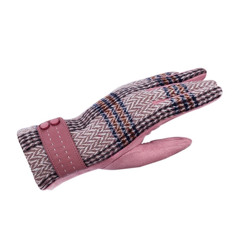 Găng tay da lộn cảm ứng  có cúc mix dạ lông cao cấp- Bao tay nữ cúc cổ tay da lộn và dạ kẻ siêu dày