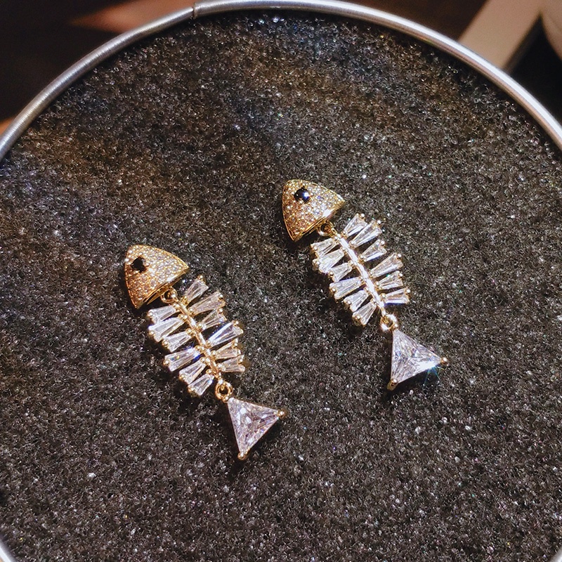 Khuyên tai JIUDUOLAN hình xương cá đính đá zircon độc đáo sáng tạo