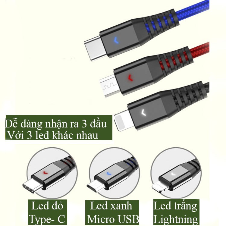 [LỖI HOÀN TIỀN 100%] Cáp sạc siêu nhanh 3A 3 đầu và 1 đâu dành cho Andoird và IOS dài đến 2m siêu bền