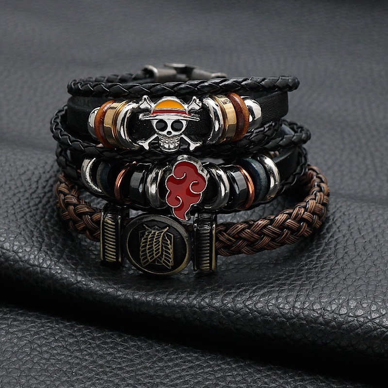 Vòng Tay Da Nhiều Lớp Mặt Hình One Piece Naruto Attack on Titan Phong Cách Punk Vintage Cho Nam