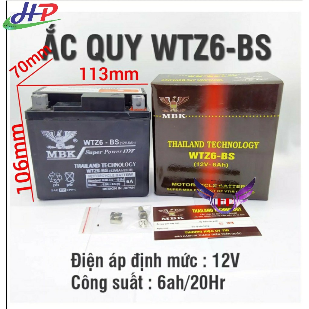 Bình ắc quy khô THAILAND WTZ6BS-12V6AH- KT (mm): 113 x 70 x 106 ( D x R x C)Xe Airblade, PCX, Vision, CLICK, SH Mode,