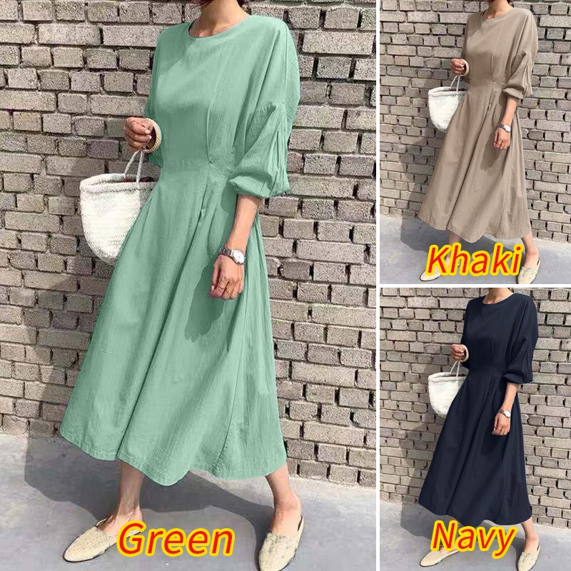 Đầm dài ZANZEA tay dài 3/4 thắt dây eo co giãn thời trang tùy chọn màu sắc dành cho nữ