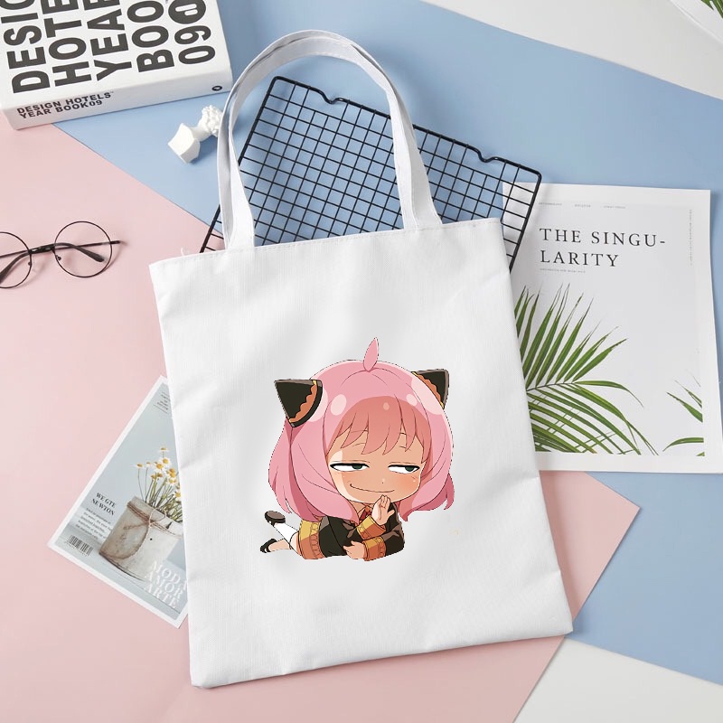 Túi tote vải đen trắng in hình SPY x Family ver nằm anime chibi dễ thương xinh xắn tiện lợi thời trang