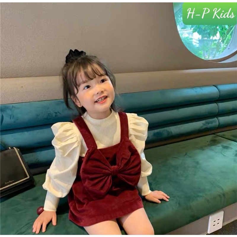 set yếm nhung nơ tay bồng cao cấp cho bé gái