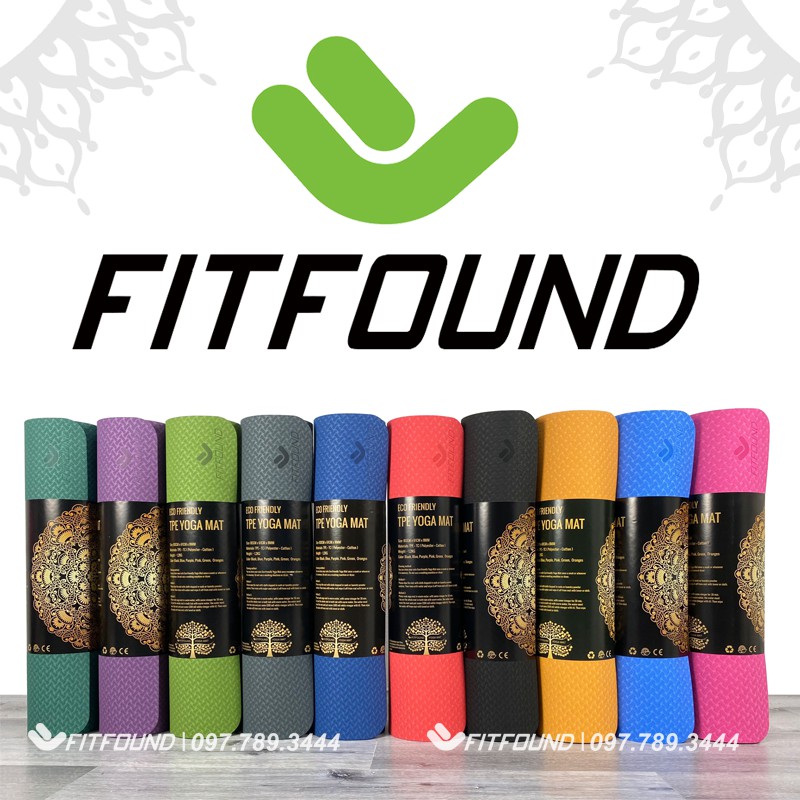 Thảm tập Yoga gym Thể Dục Fitfound 8mm Tpe Cao cấp in định tuyến Fitfound chống trơn trượt có dây buộc