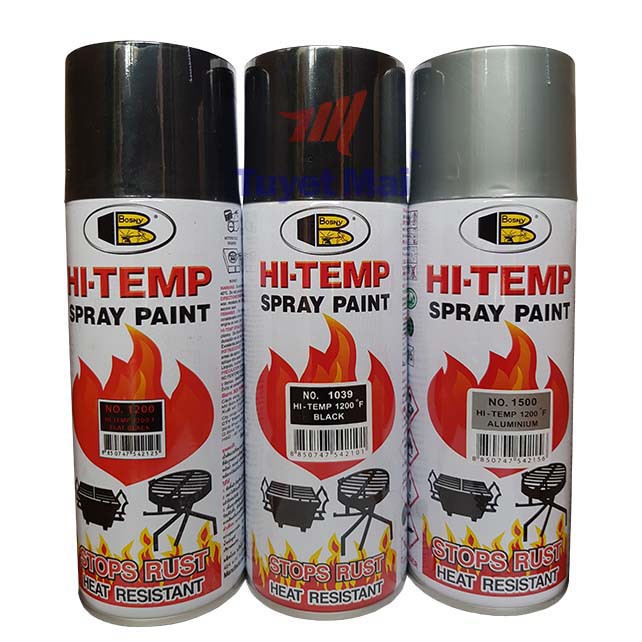 Chai xịt chống cháy, chịu nhiệt độ cao  Bosny Hi-Temp Spray Paint màu đen mờ 1200/sơn pô xe máy, xe ô tô, bếp ga, ống kh