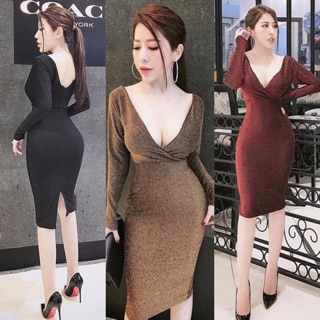 Đầm body nhũ đắp chéo cổ V tay dài
