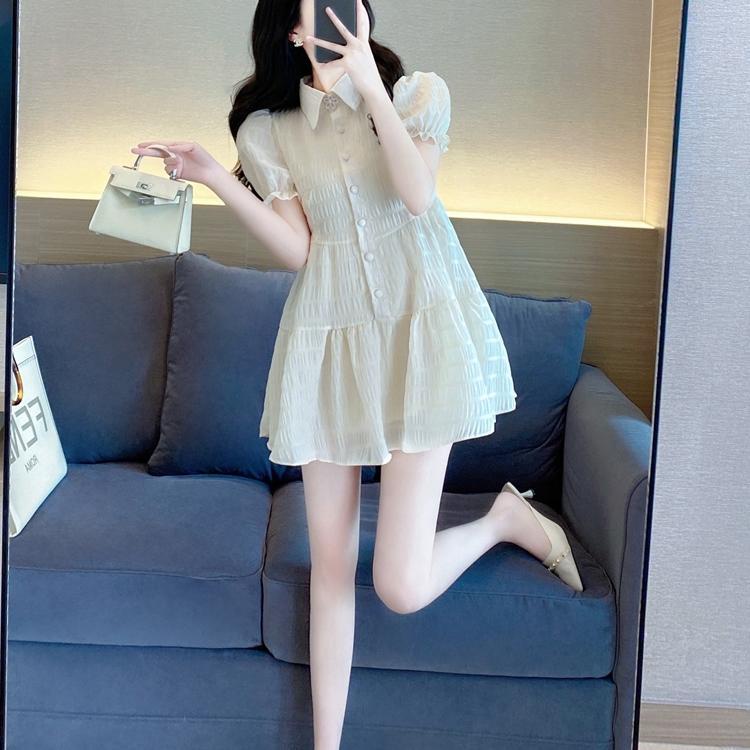 Dress woman summer sweet 2022 new small French style thin pleated bubble sleeve shirt a-shaped skirt
