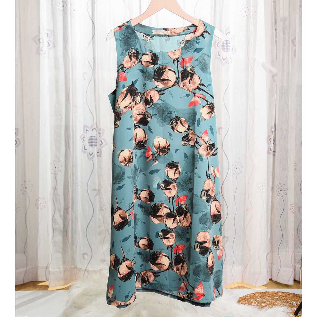 Đầm sát nách nữ mặc nhà chất lụa tuyết siêu mát hoa văn dáng dài-Đầm chữ A trung niên Chibishopsince2018