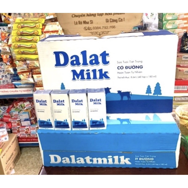 Thùng 48 hộp x 180ml sữa tươi tiệt trùng có đường / ít đường Dalat Milk