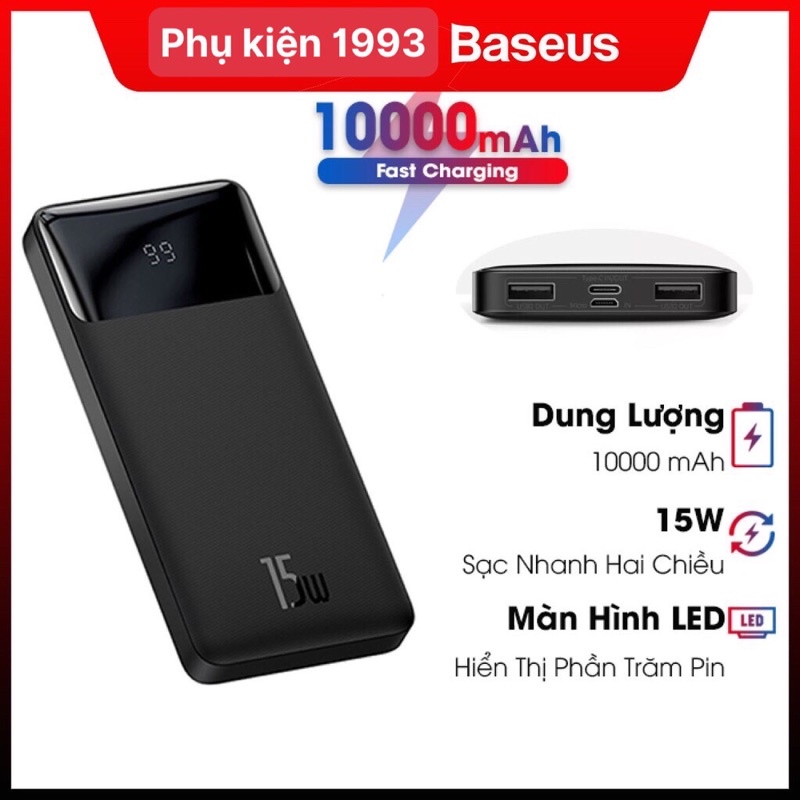 Sạc Dự Phòng Baseus 10000mAh 2 Cổng USB (sạc nhanh 15W,QC/PD) chính hãng Có Màn Hình Điện Tử Cho iPhone Huawei Samsung