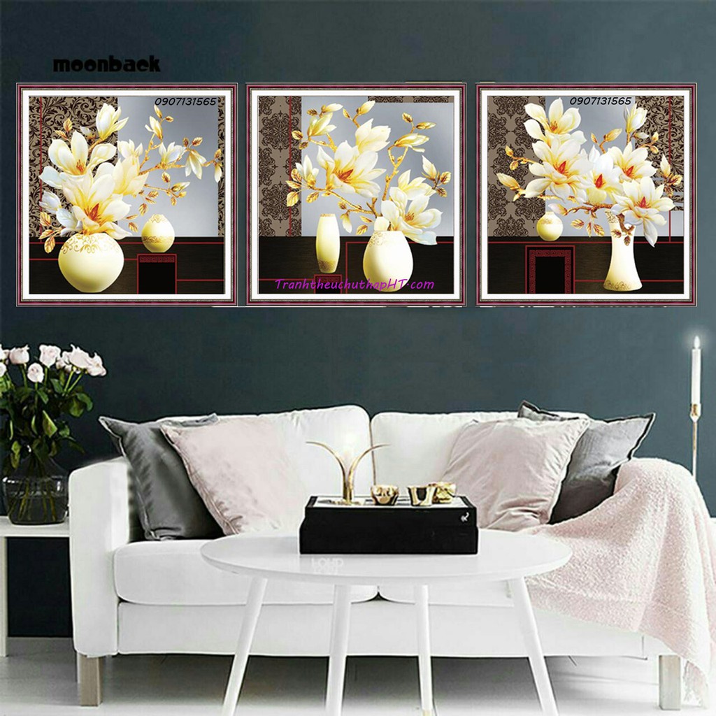 Tranh thêu chữ thập bình hoa 3 bức KT:128x45cm,tranh chưa thêu,tặng kéo và xỏ chỉ.